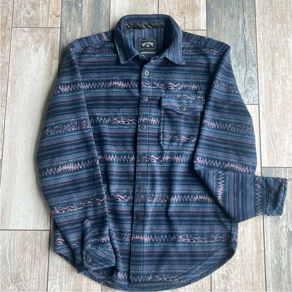 Billabong Men’s Flannel Shirt Jacket | Blue Tribal Pattern|Long Sleeve Button Up